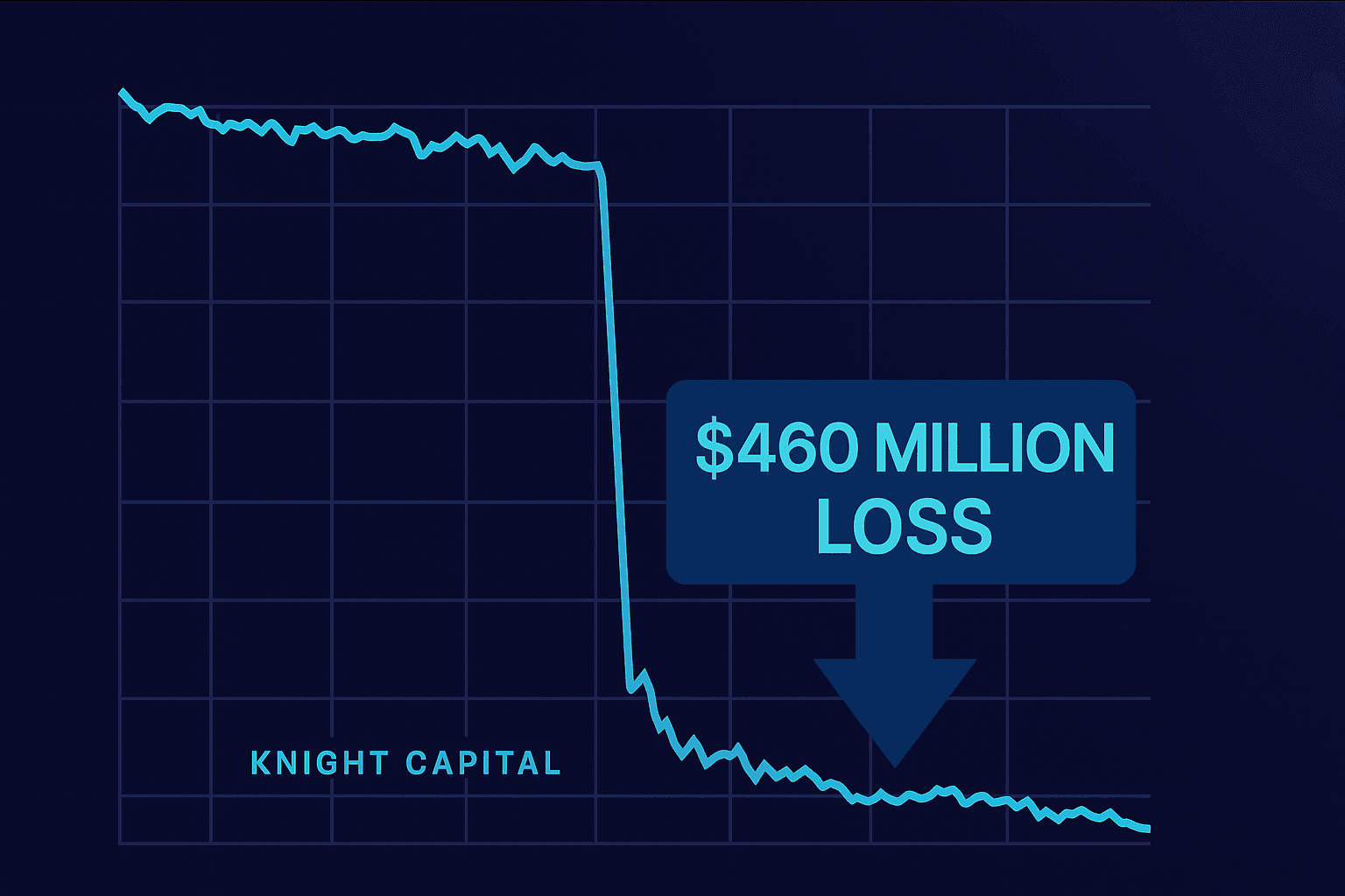 Stock market crash visualization showing Knight Capital's $460 million loss from feature flag mismanagement