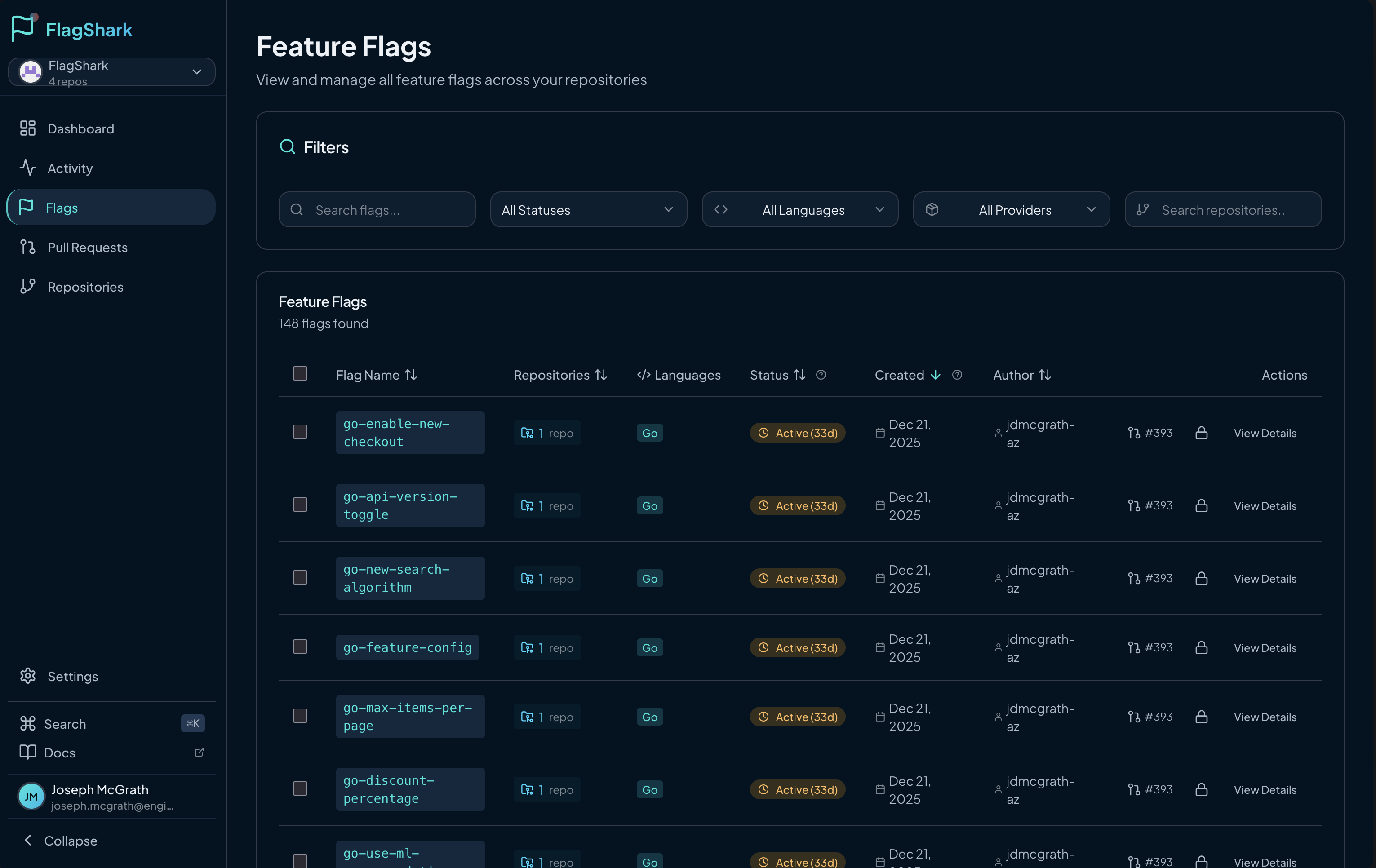 FlagShark flags dashboard